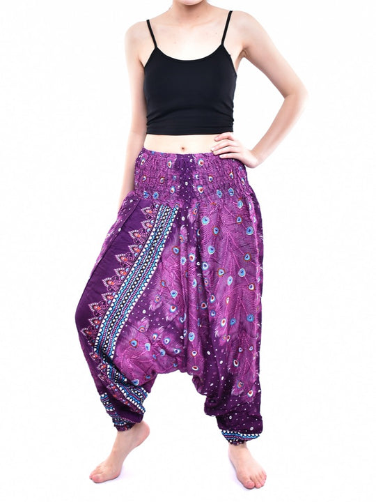 Bohotusk Purple Peacock Print Low Crotch Harem Pants Womens Elasticated Smocked Waist S/M