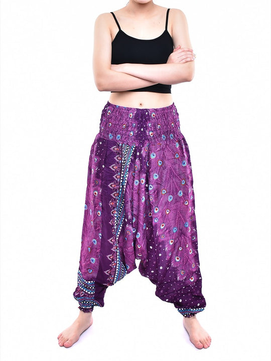 Bohotusk Purple Peacock Print Low Crotch Harem Pants Womens Elasticated Smocked Waist S/M