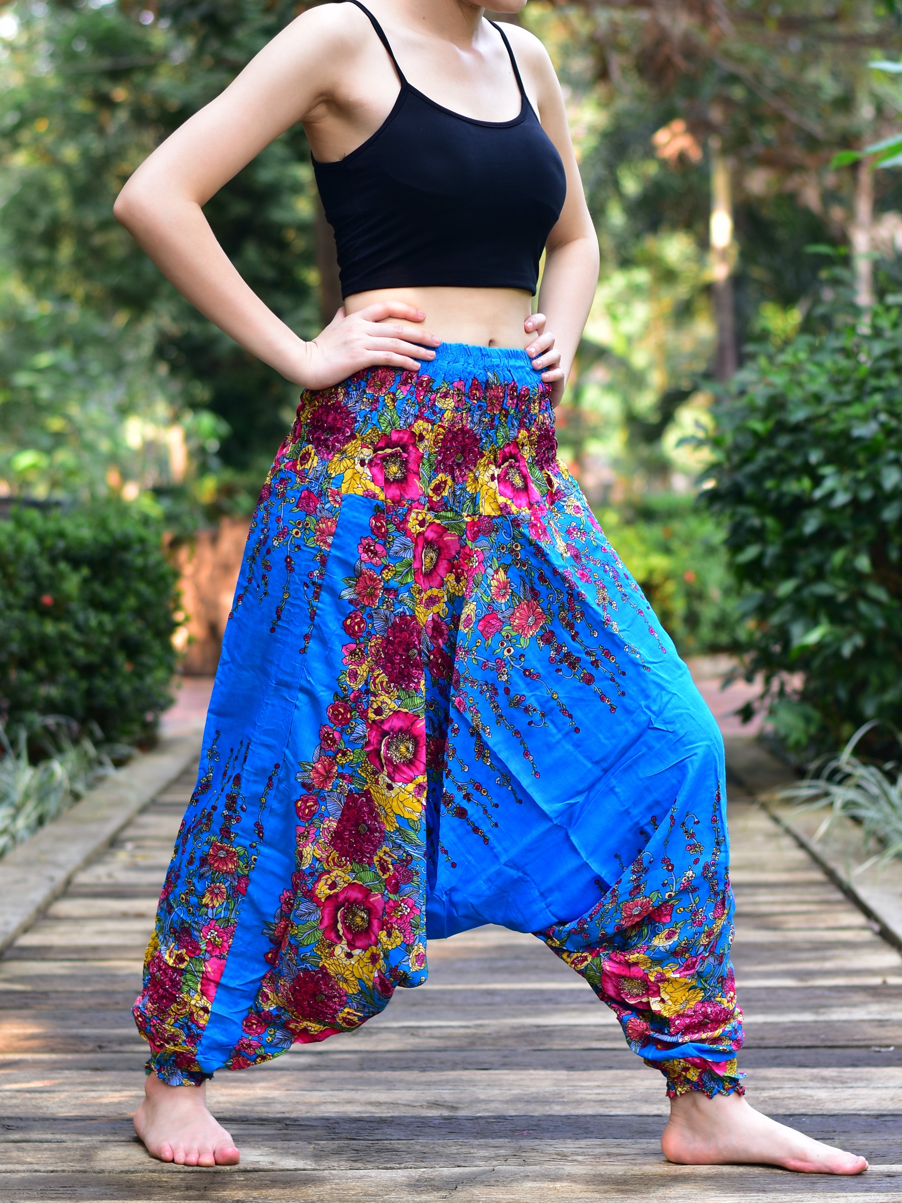 Bohotusk Light Blue Floral Low Crotch Harem Pants Womens S M to L XL