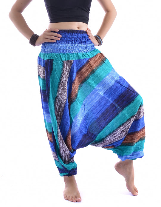 Bohotusk Blue Multi Stripe Low Crotch Harem Pants Womens Elasticated Smocked Waist S/M