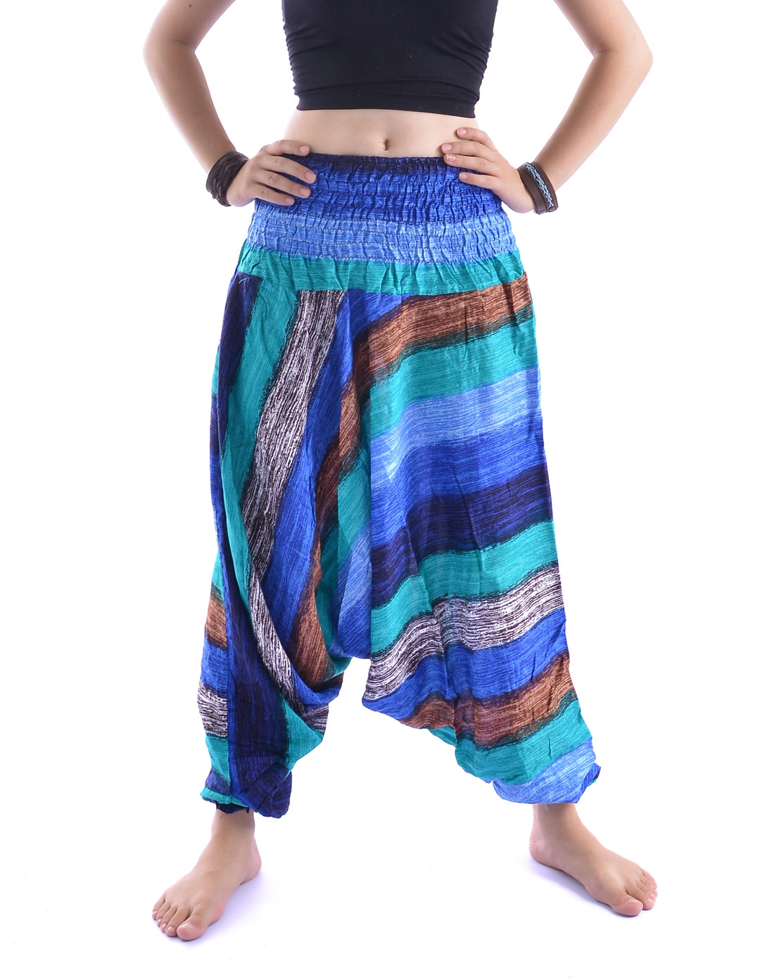 Bohotusk Blue Multi Stripe Low Crotch Harem Pants Womens Elasticated Smocked Waist S/M