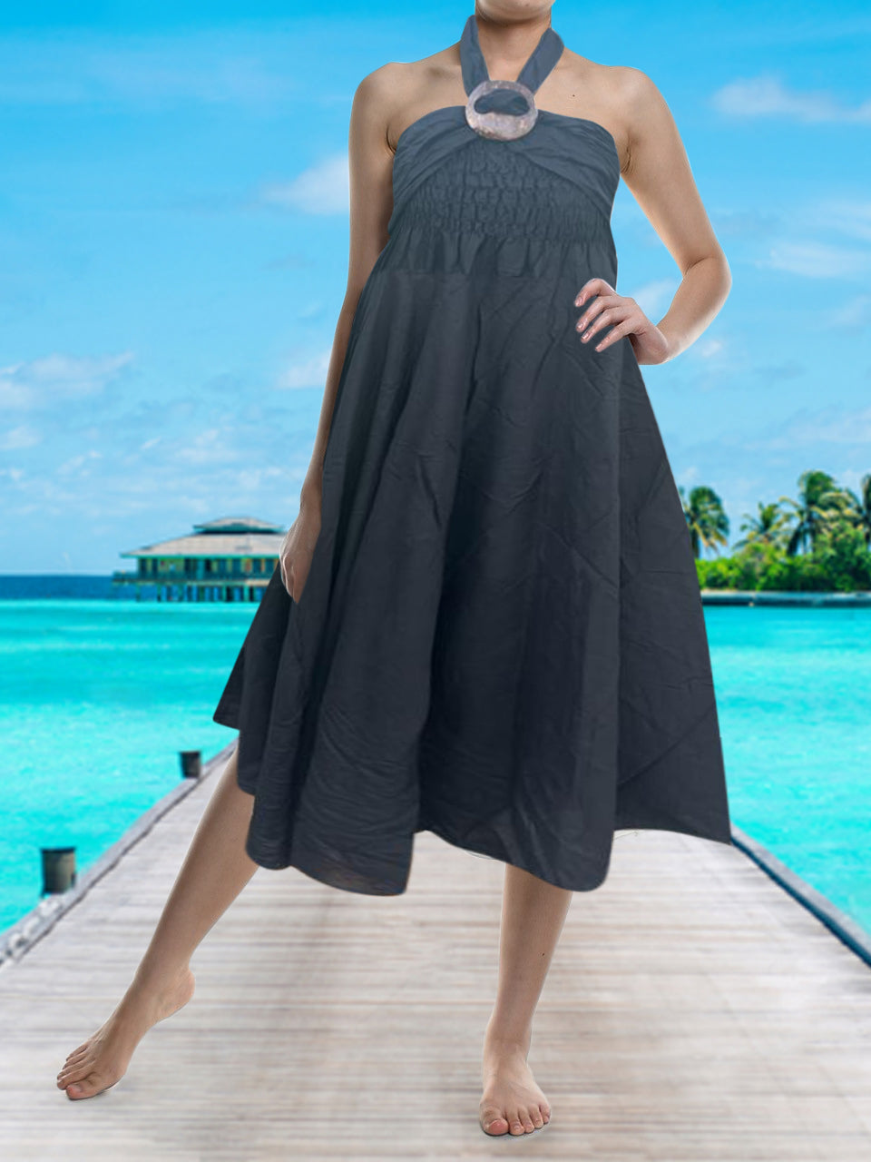 Bohotusk Plain Black Beach Dress (& Long Skirt With Coconut Buckle) S