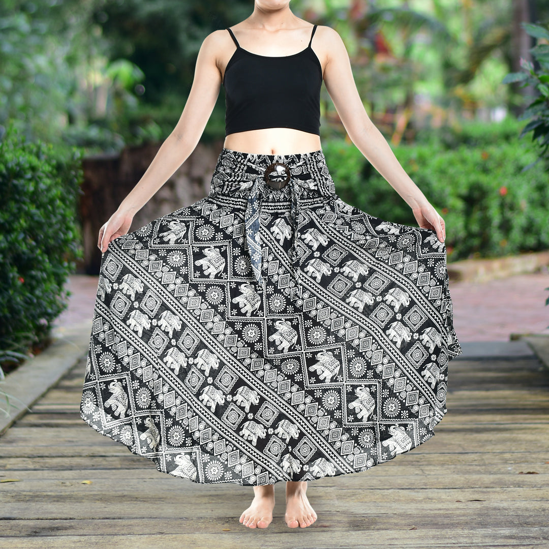 Bohotusk Black Elephant Print Long Skirt With Coconut Buckle (& Strapless Dress) S/M to 3XL