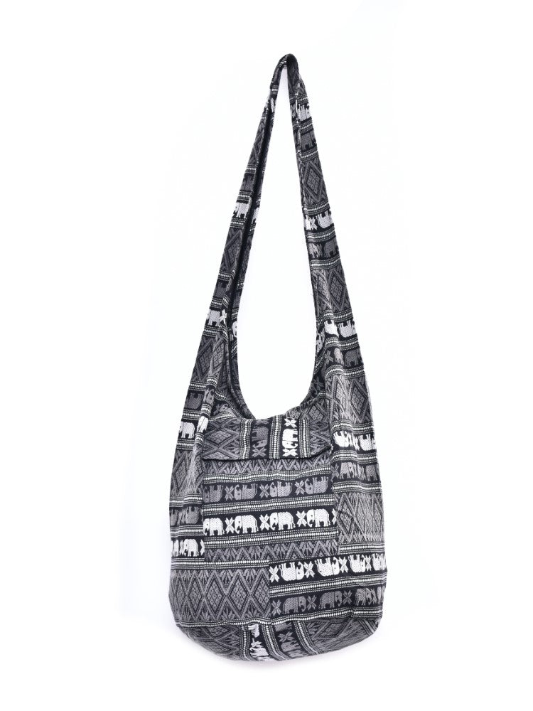 Bohotusk Black Elephant Cotton Canvas Sling Shoulder Bag