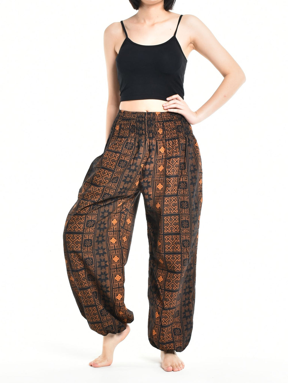 Bohotusk Womens Autumn Brown Orange Diamond Cotton Harem Pants S/M to 3XL