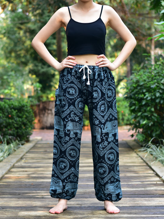 Bohotusk Black Elephant Tusker Print Womens Harem Pants Tie Waist S/M to L/XL