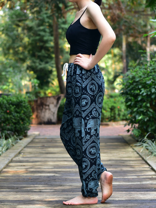 Bohotusk Black Elephant Tusker Print Womens Harem Pants Tie Waist S/M to L/XL