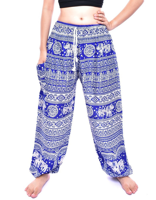 Bohotusk Blue Elephant Calf Print Womens Harem Trousers Tie Waist S/M to L/XL