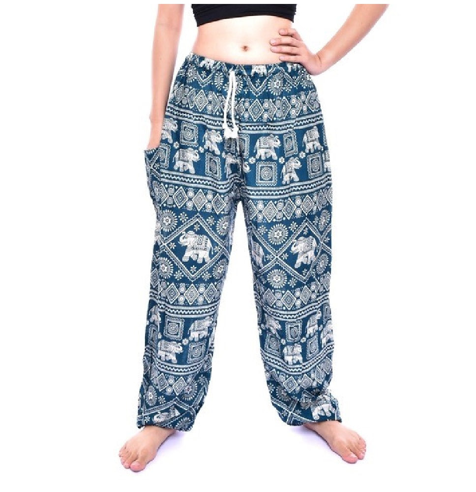 Bohotusk Turquoise Elephant Print Womens Harem Pants Cord Tie Waist S/M Only