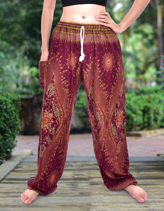 Bohotusk Maroon Moonshine Print Womens Harem Pants Tie Waist S/M to 3XL
