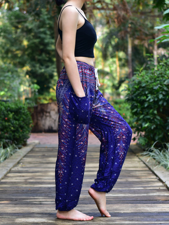 Bohotusk Navy Blue Peacock Print Womens Harem Pants Tie Waist S/M Only