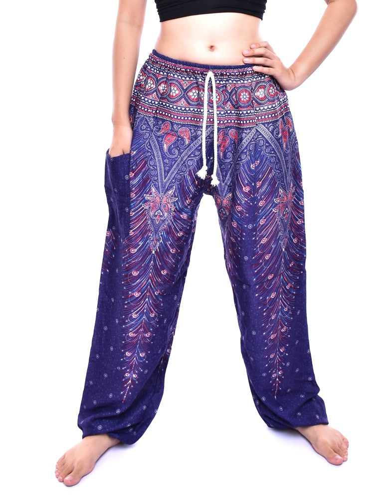 Bohotusk Navy Blue Peacock Print Womens Harem Pants Tie Waist S/M Only