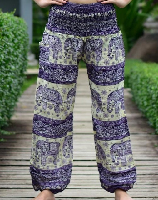 Bohotusk Mens Purple Elephant Herd Harem Pants Cord Tie Waist M/L