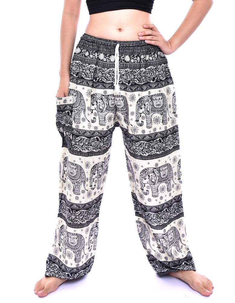 Bohotusk Black Elephant Herd Print Mens Harem Pants Tie Waist