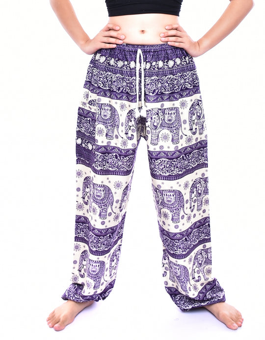 Bohotusk Purple Elephant Herd Print Womens Harem Pants Cord Tie Waist S/M