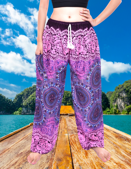 Bohotusk Pink Sun Beam Print Womens Harem Pants Tie Waist S/M to L/XL