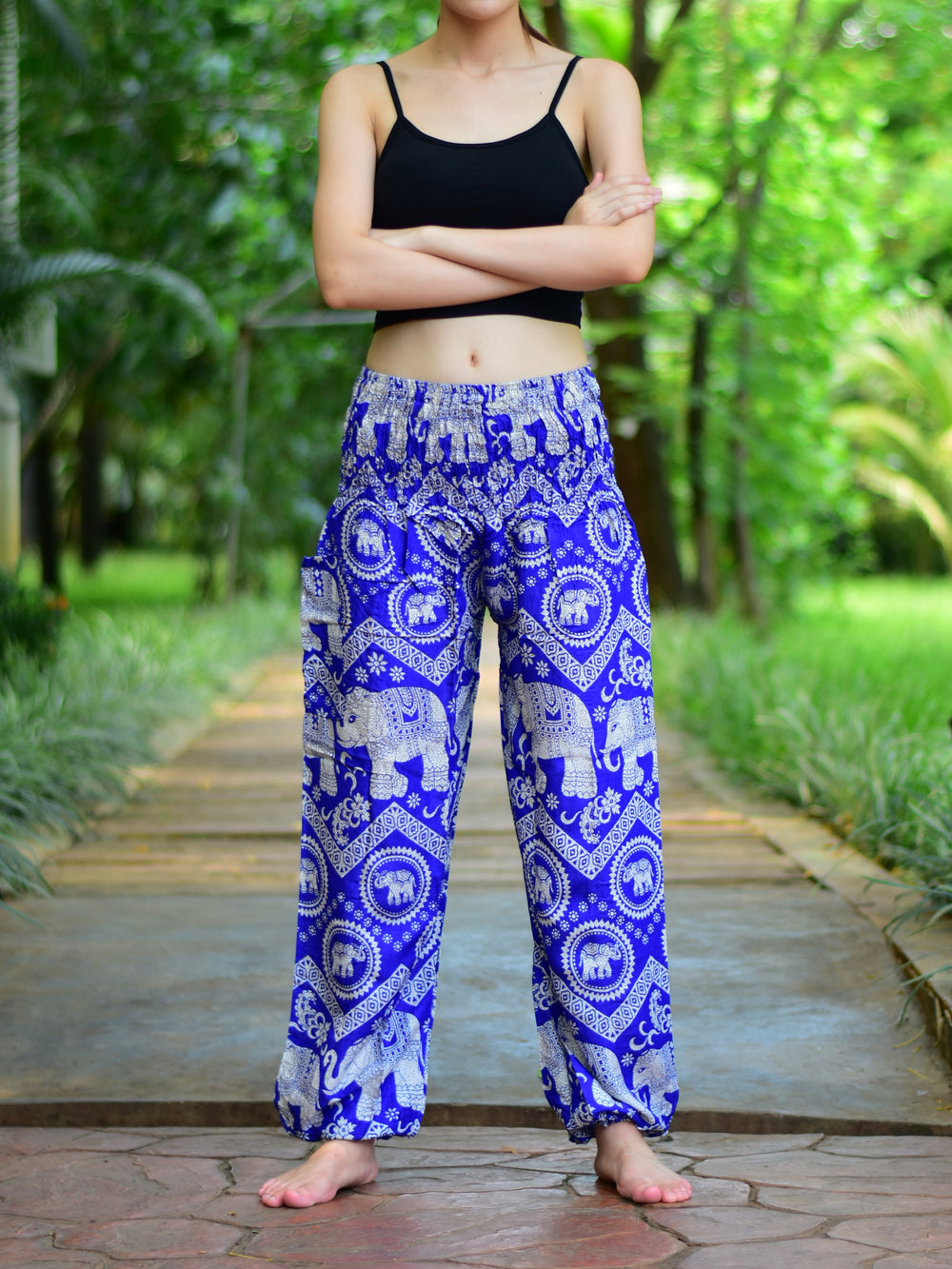 Bohotusk Light Blue Elephant Paradise Print Elasticated Smocked Waist Womens Harem Pants S/M to 3XL