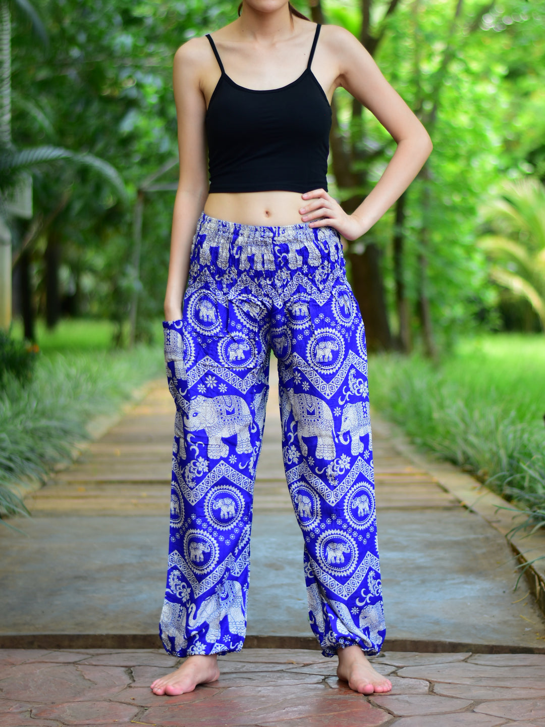 Bohotusk Light Blue Elephant Paradise Print Elasticated Smocked Waist Womens Harem Pants S/M to 3XL
