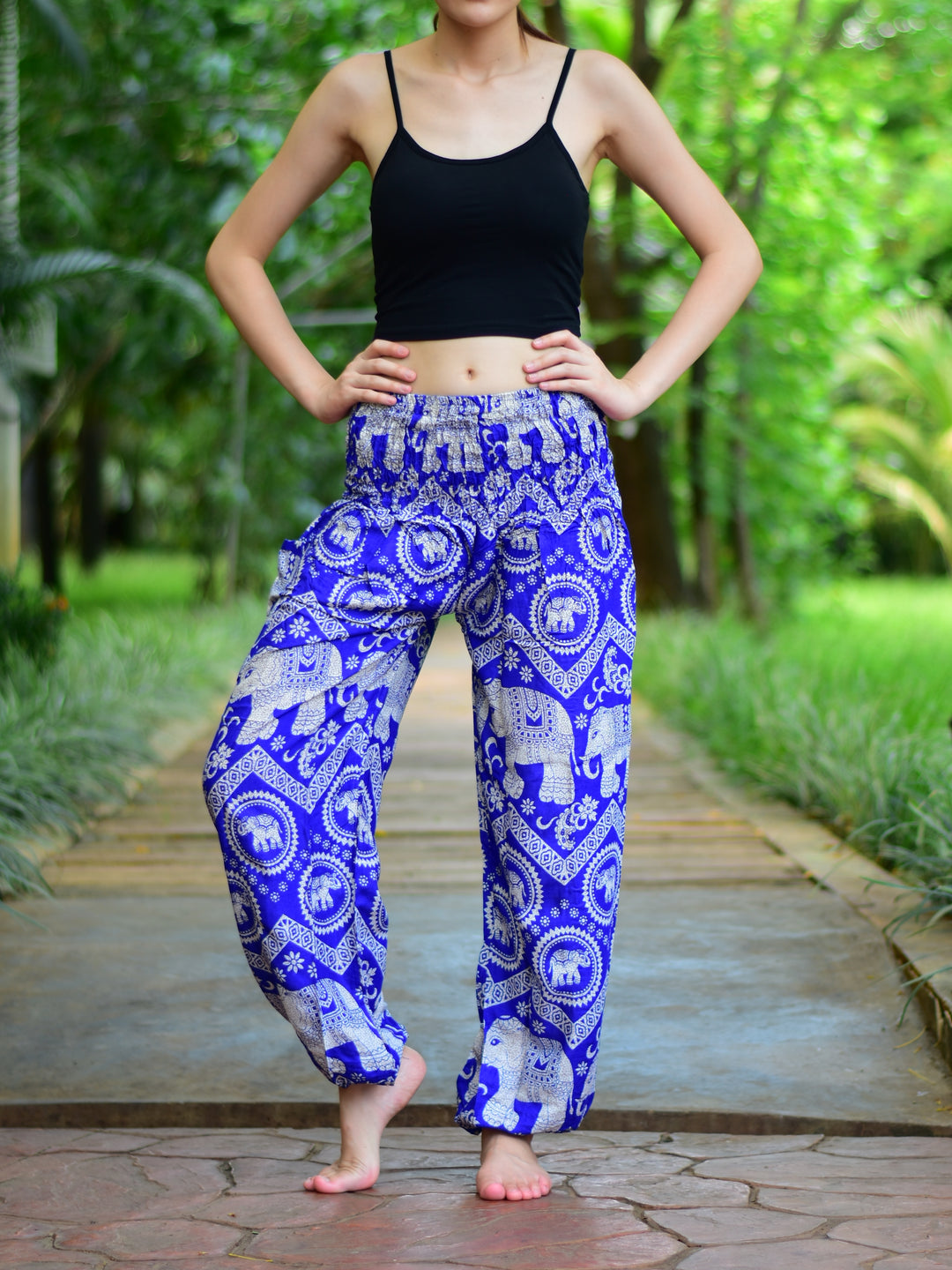 Bohotusk Light Blue Elephant Paradise Print Elasticated Smocked Waist Womens Harem Pants S/M to 3XL