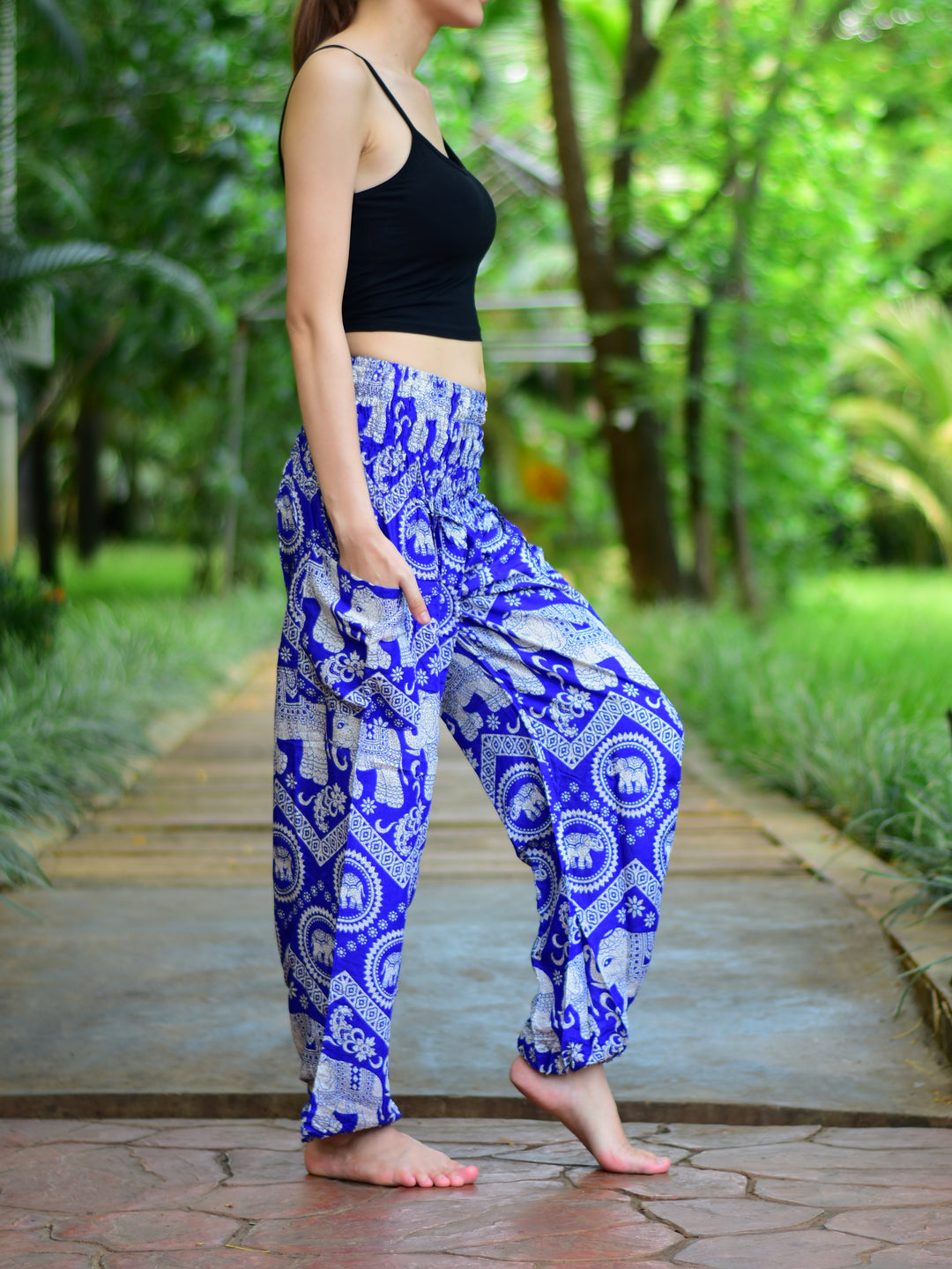 Bohotusk Light Blue Elephant Paradise Print Elasticated Smocked Waist Womens Harem Pants S/M to 3XL