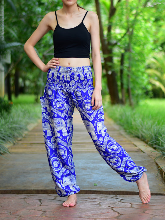 Bohotusk Light Blue Elephant Paradise Print Elasticated Smocked Waist Womens Harem Pants S/M to 3XL