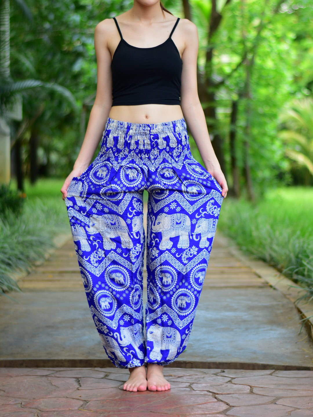 Bohotusk Light Blue Elephant Paradise Print Elasticated Smocked Waist Womens Harem Pants S/M to 3XL
