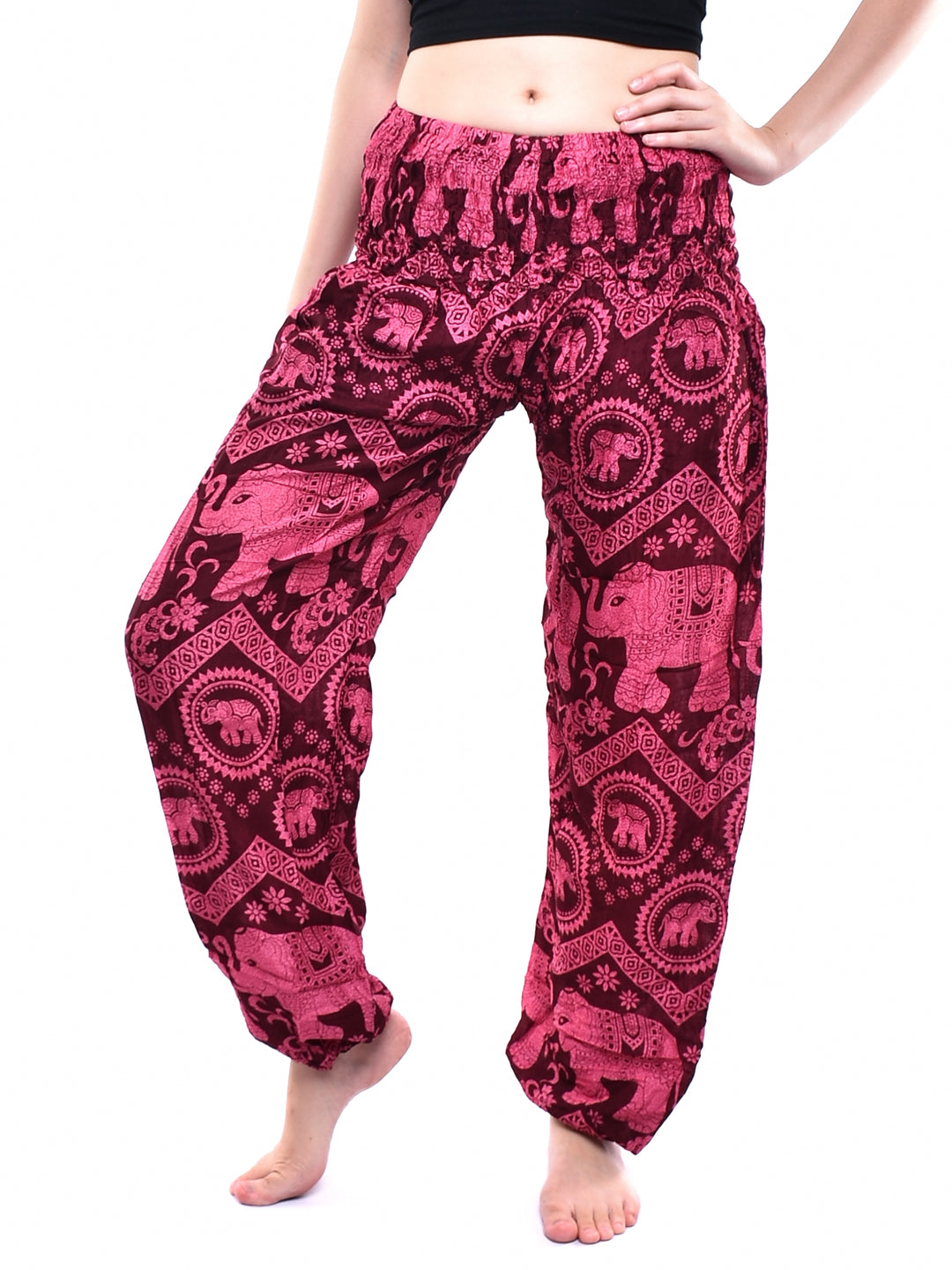 Bohotusk Kids Red Pink Elephant Tusker Elasticated Smocked Waist Harem Pants (9 - 12 Years)