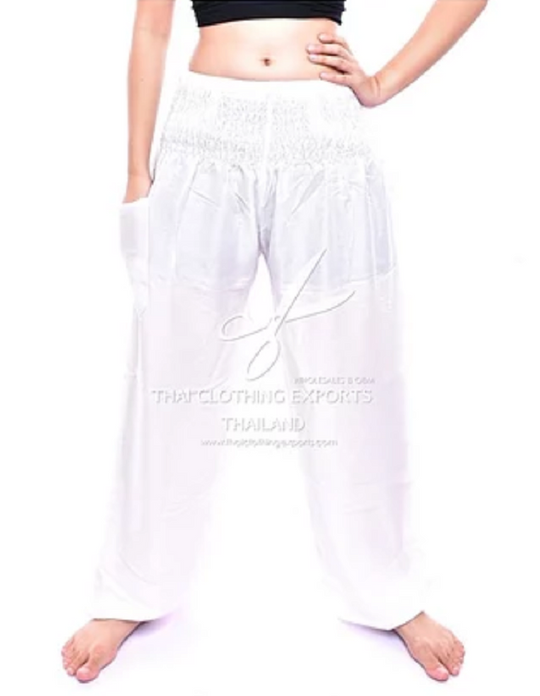 Bohotusk White Plain Elasticated Smocked Waist Womens Harem Pants S/M to 3XL