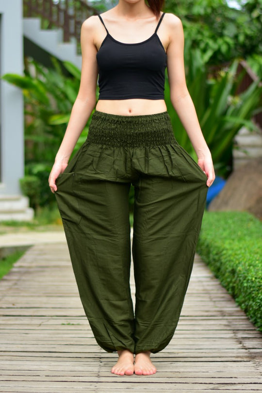 Bohotusk Olive Green Plain Elasticated Smocked Waist Womens Harem Pants S/M to 3XL