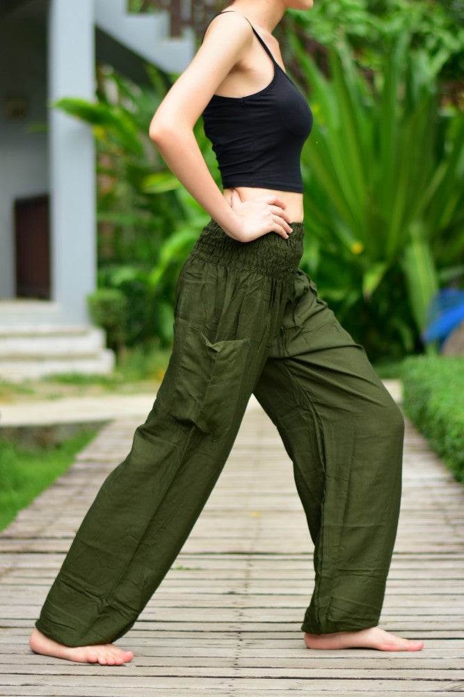 Bohotusk Olive Green Plain Elasticated Smocked Waist Womens Harem Pants S/M to 3XL