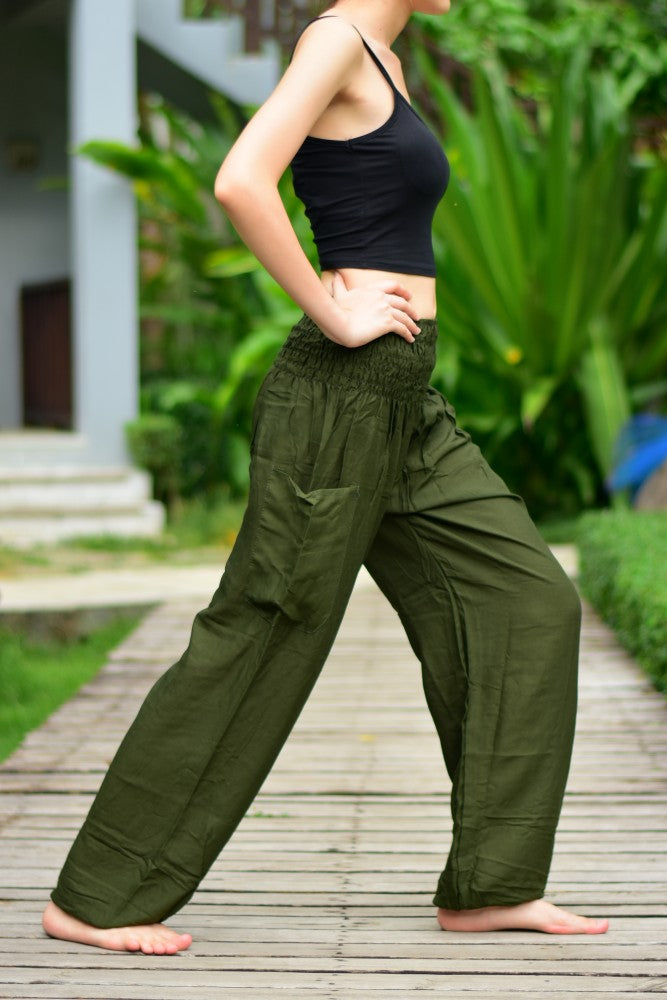 Bohotusk Kids Girls Plain Olive Green Elasticated Smocked Waist Harem Pants 3 Sizes Ages 6 to 15 Years