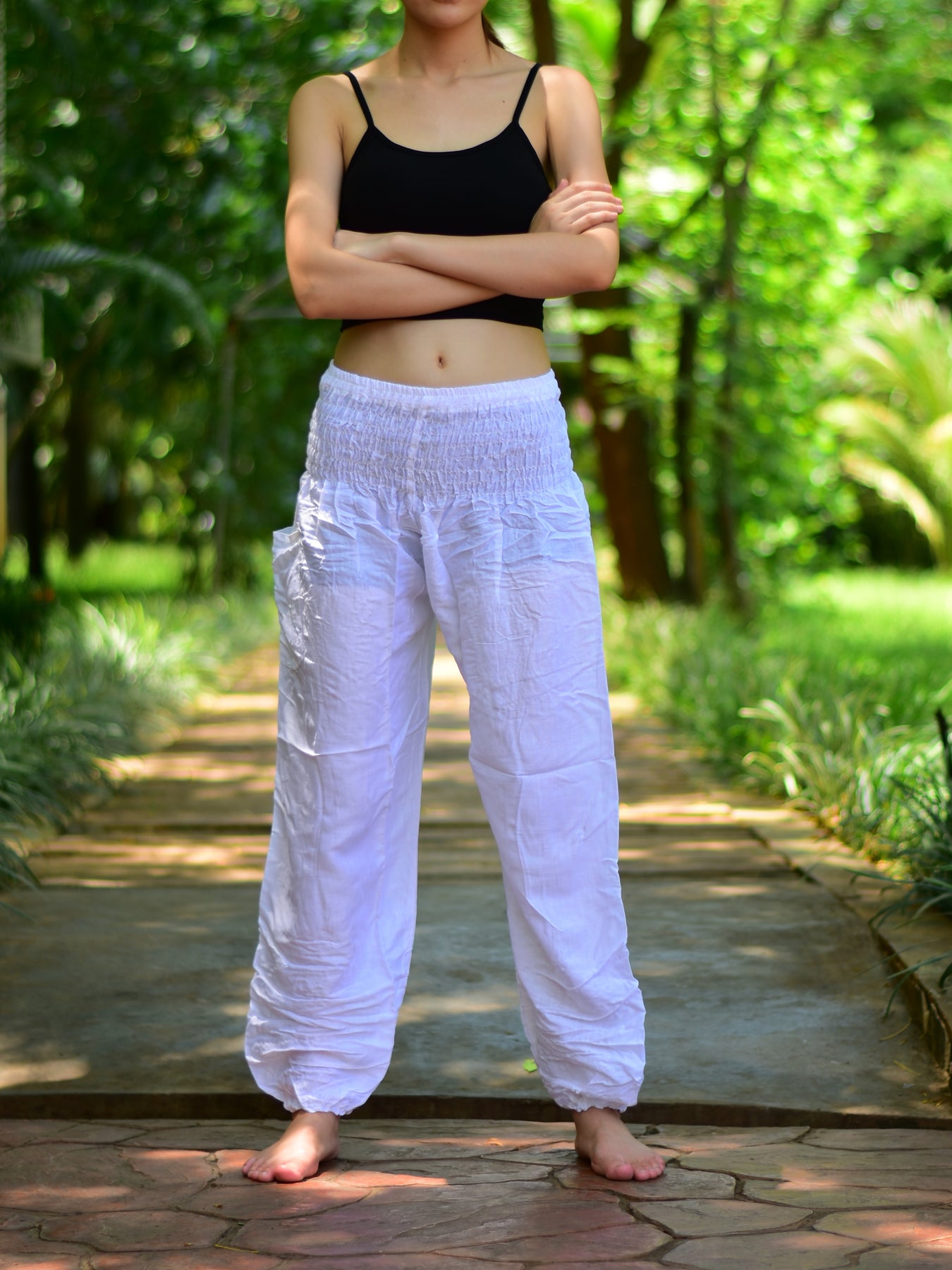 Bohotusk White Plain Elasticated Smocked Waist Womens Harem Pants S M