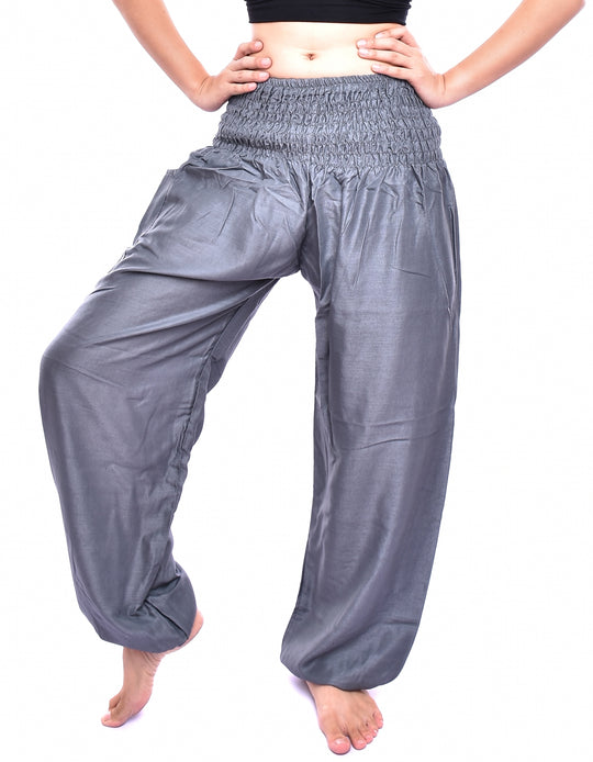 Bohotusk Steel Grey Plain Elasticated Smocked Waist Womens Harem Pants S/M to 3XL