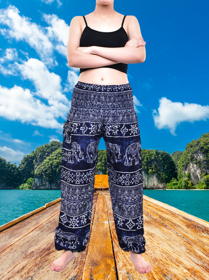 Bohotusk Navy Blue Amboseli Elephant Elasticated Smocked Waist Womens Harem Pants S/M