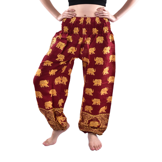 Bohotusk Kids Maroon Royal Elephant Elasticated Smocked Waist Harem Pants (9 - 12 Years)