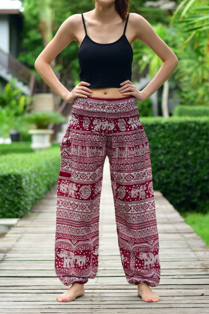 Bohotusk Red Elephant Calf Print Elasticated Womens Harem Trousers S/M to L/XL