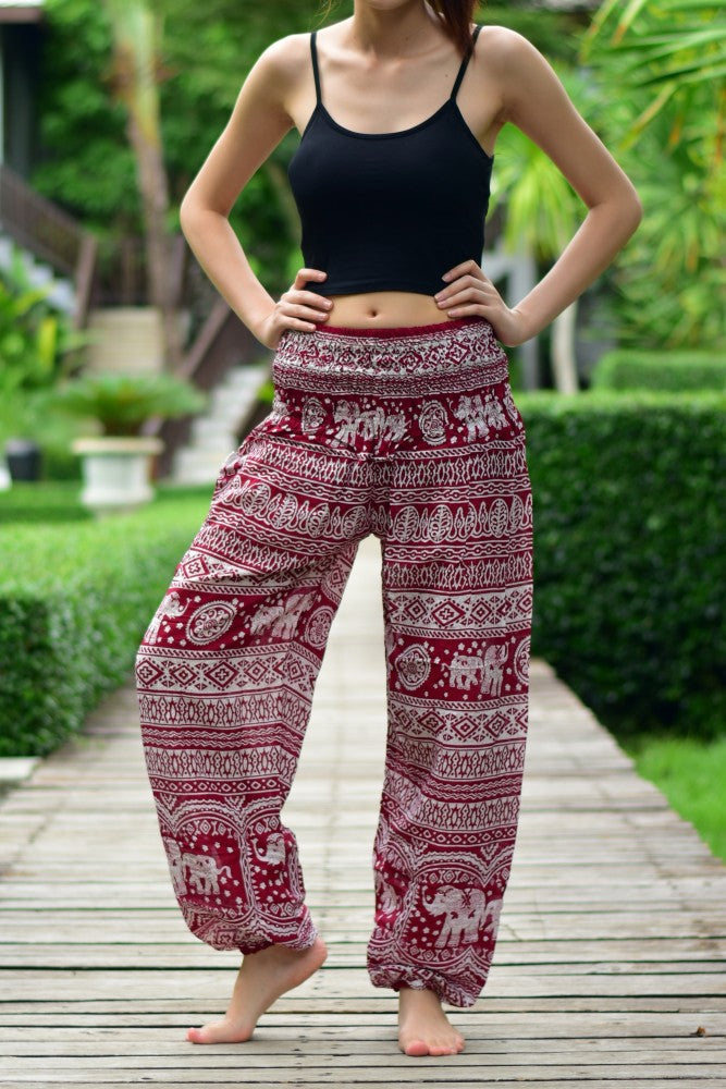Bohotusk Red Elephant Calf Print Elasticated Womens Harem Trousers S/M to L/XL