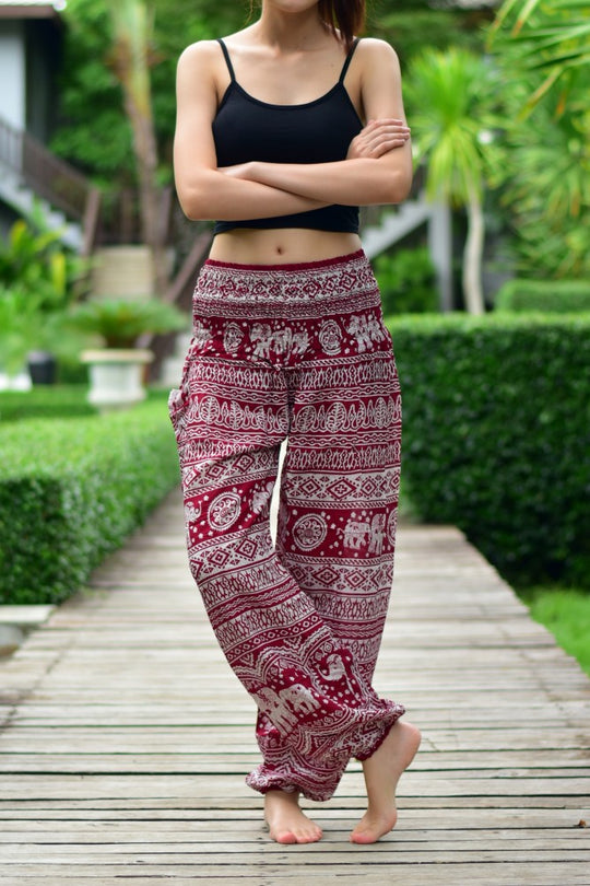 Bohotusk Red Elephant Calf Print Elasticated Womens Harem Trousers S/M to L/XL