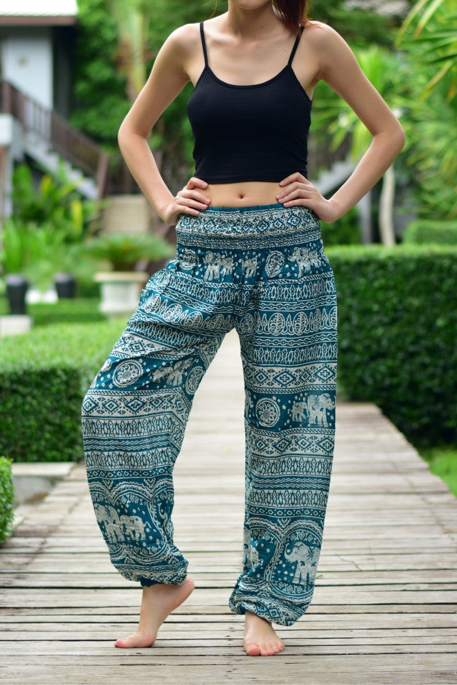 Bohotusk Green Elephant Calf Print Elasticated Smocked Waist Womens Harem Pants S/M to 4XL