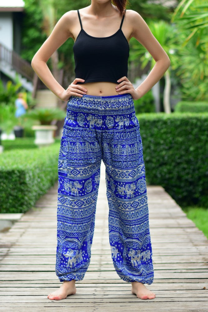Bohotusk Blue Elephant Calf Print Elasticated Smocked Waist Womens Harem Trousers Alternative Maternity Trouser