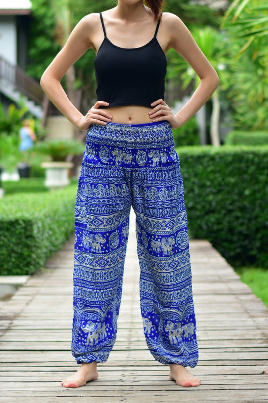 Bohotusk Blue Elephant Calf Print Elasticated Smocked Waist Womens Harem Trousers Alternative Maternity Trouser