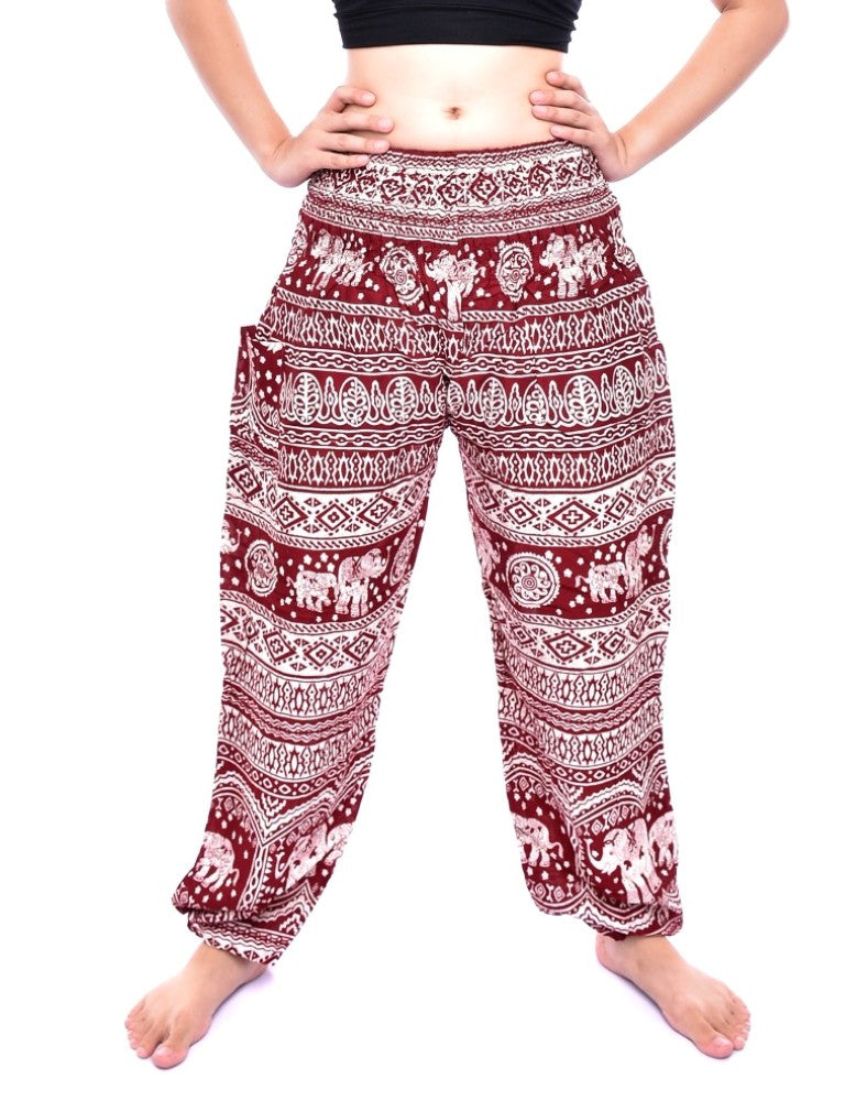 Bohotusk Red Elephant Calf Print Elasticated Womens Harem Trousers S/M to L/XL