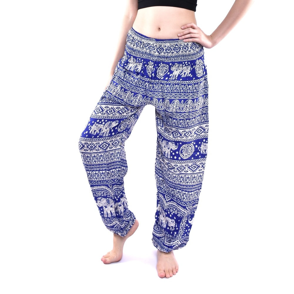 Bohotusk Blue Elephant Calf Print Elasticated Smocked Waist Womens Harem Trousers Alternative Maternity Trouser