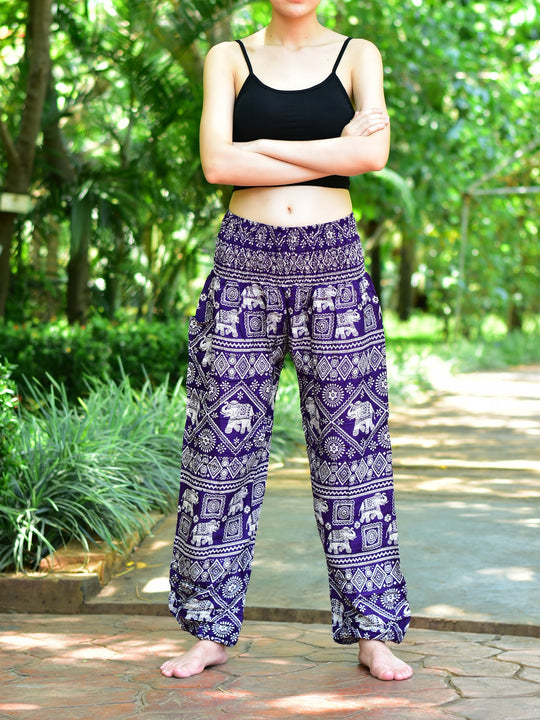 Bohotusk Purple Elephant Print Elasticated Smocked Waist Womens Harem Pants S/M to 3XL