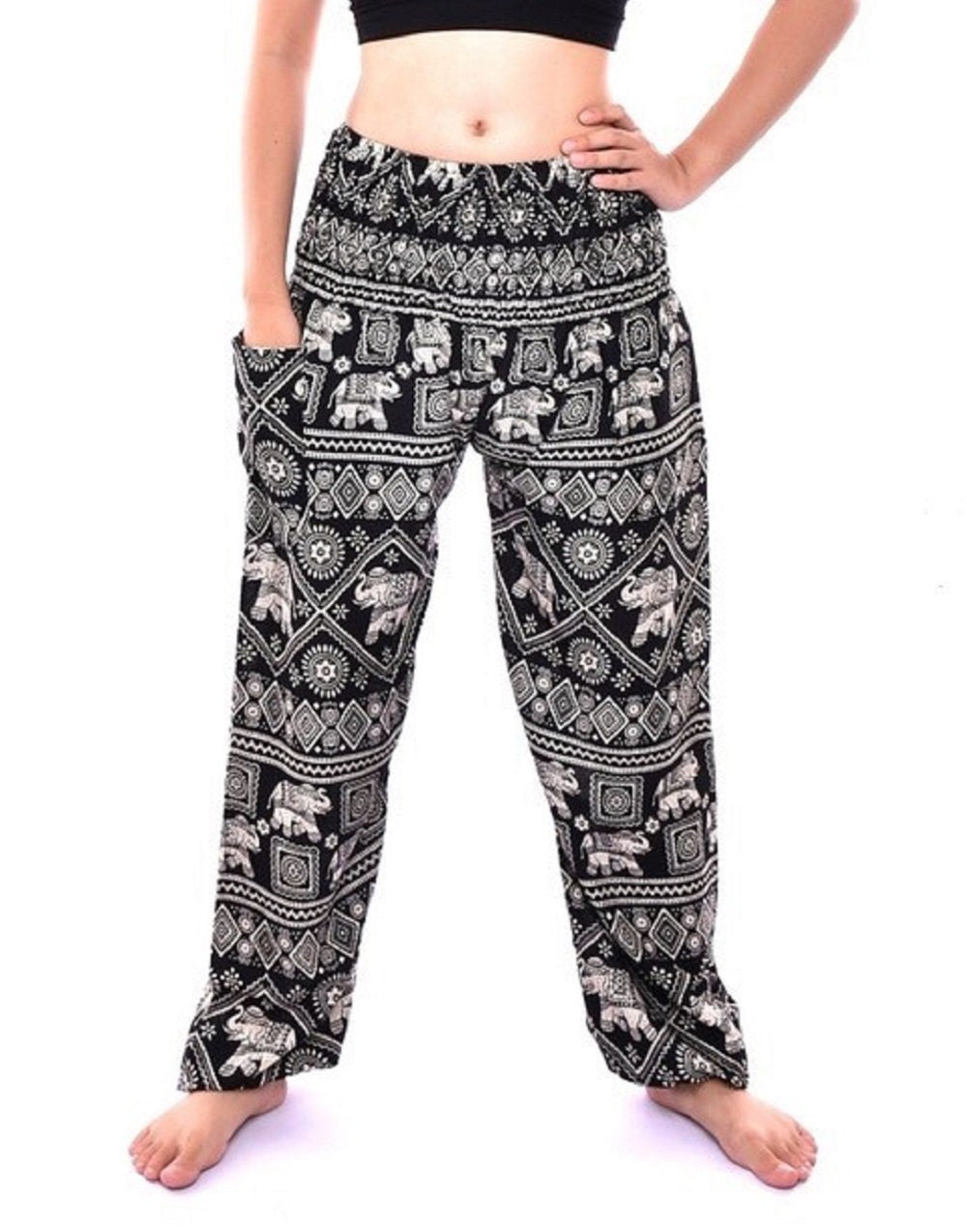 Bohotusk Black Elephant Print Womens Harem Pants Elasticated Smocked Waist S/M to 4XL