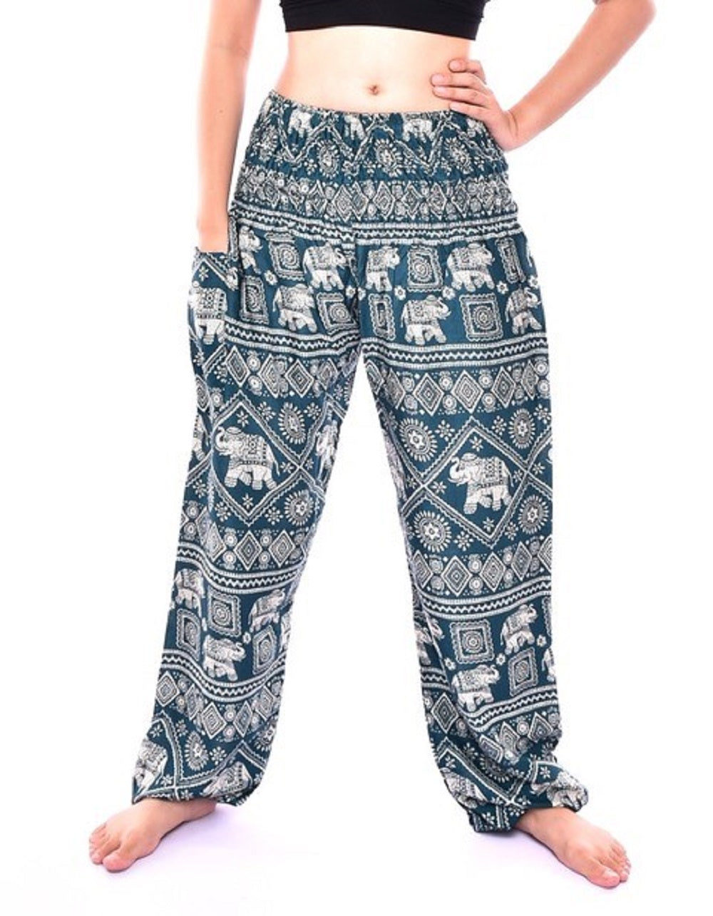 Bohotusk Green Elephant Print Elasticated Smocked Waist Womens Harem Trousers Alternative Maternity Trouser