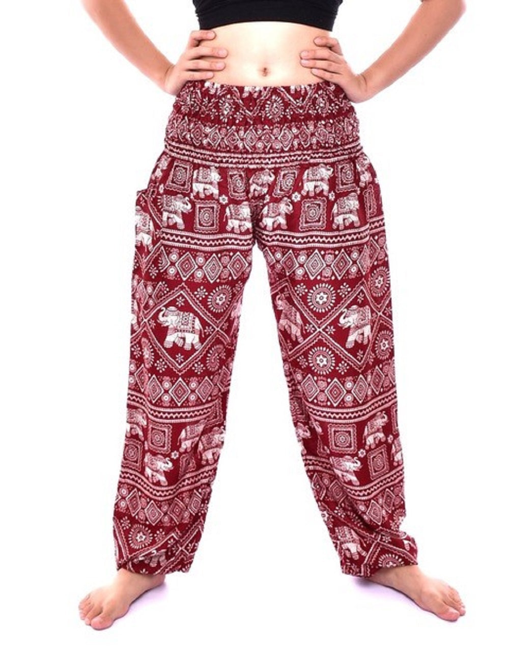 Bohotusk Red Elephant Print Elasticated Smocked Waist Womens Harem Trousers Alternative Maternity Trouser