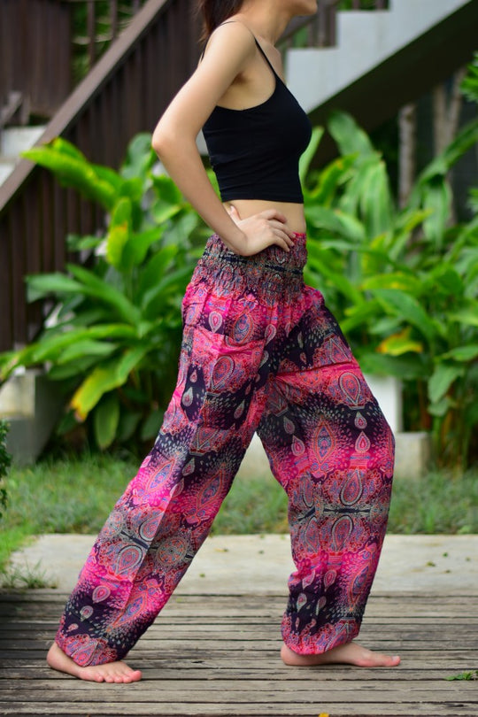 Bohotusk Pink Teardrop Print Elasticated Smocked Waist Womens Harem Pants S/M to LXL