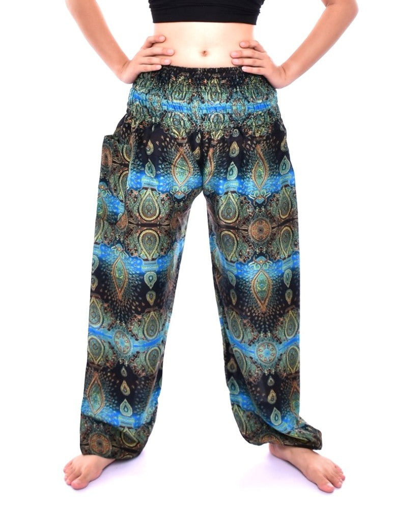 Bohotusk Sky Blue Teardrop Print Elasticated Smocked Waist Womens Harem Pants S/M