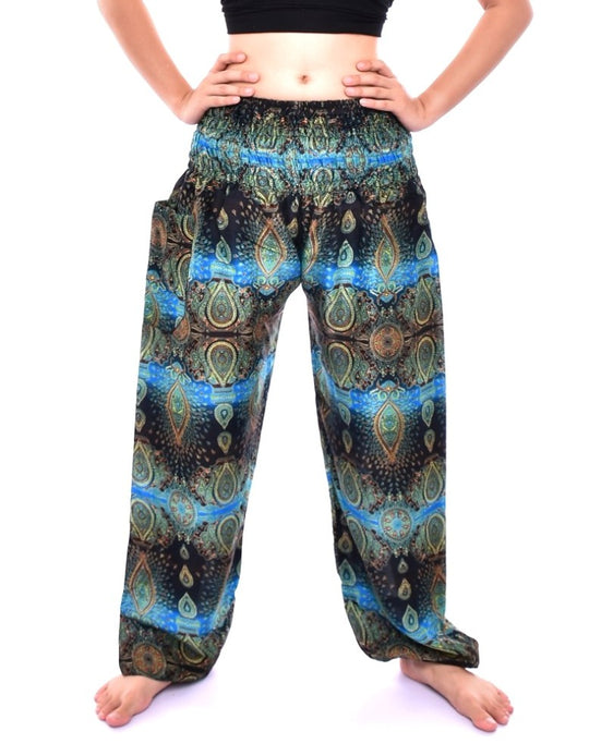 Bohotusk Sky Blue Teardrop Print Elasticated Smocked Waist Womens Harem Pants S/M